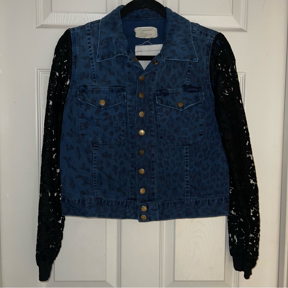 Current/Elliott Leopard Print Denim Button Up Jacket w/ Black Lace Sleeves Sz 3